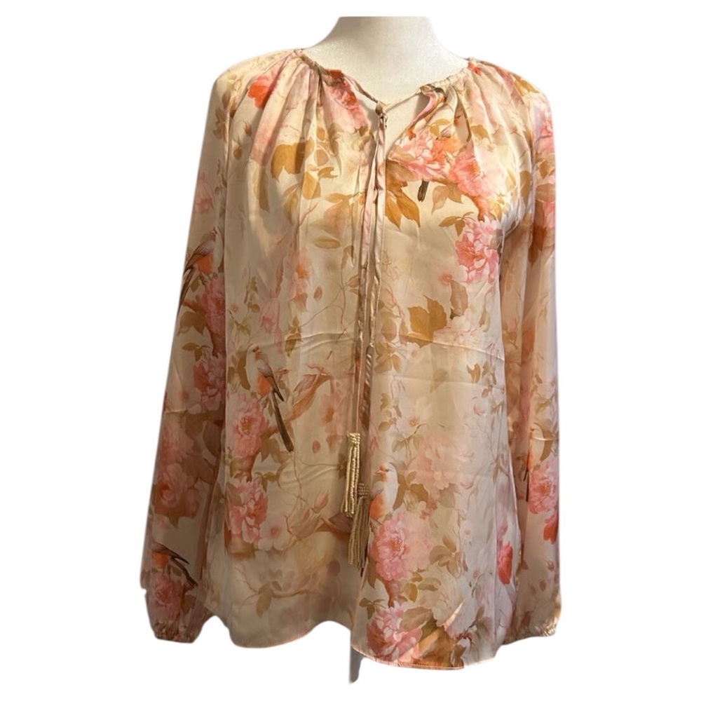 Elie Tahari Floral birds Blouse Pink Cream XS